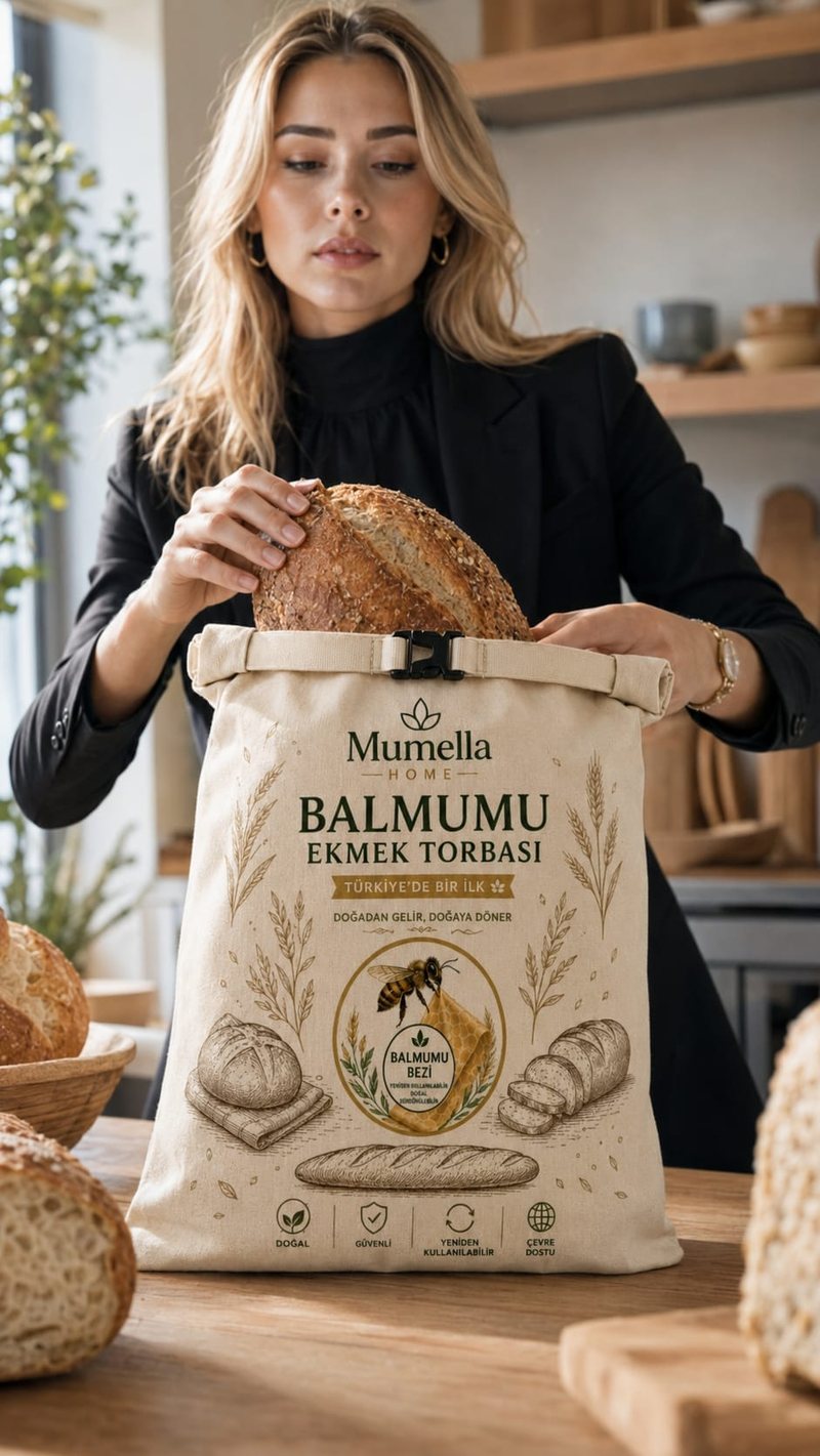 Mumella balmumu ekmek torbasına ekmek koyan kişi